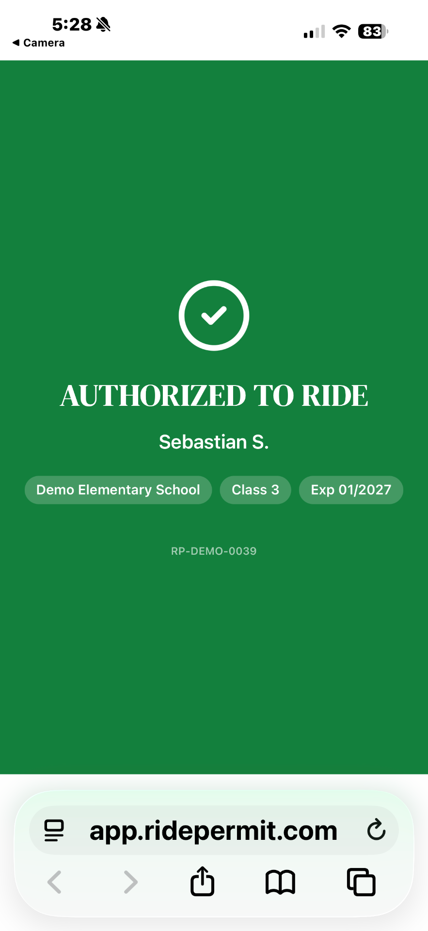 Authorized to ride verification screen