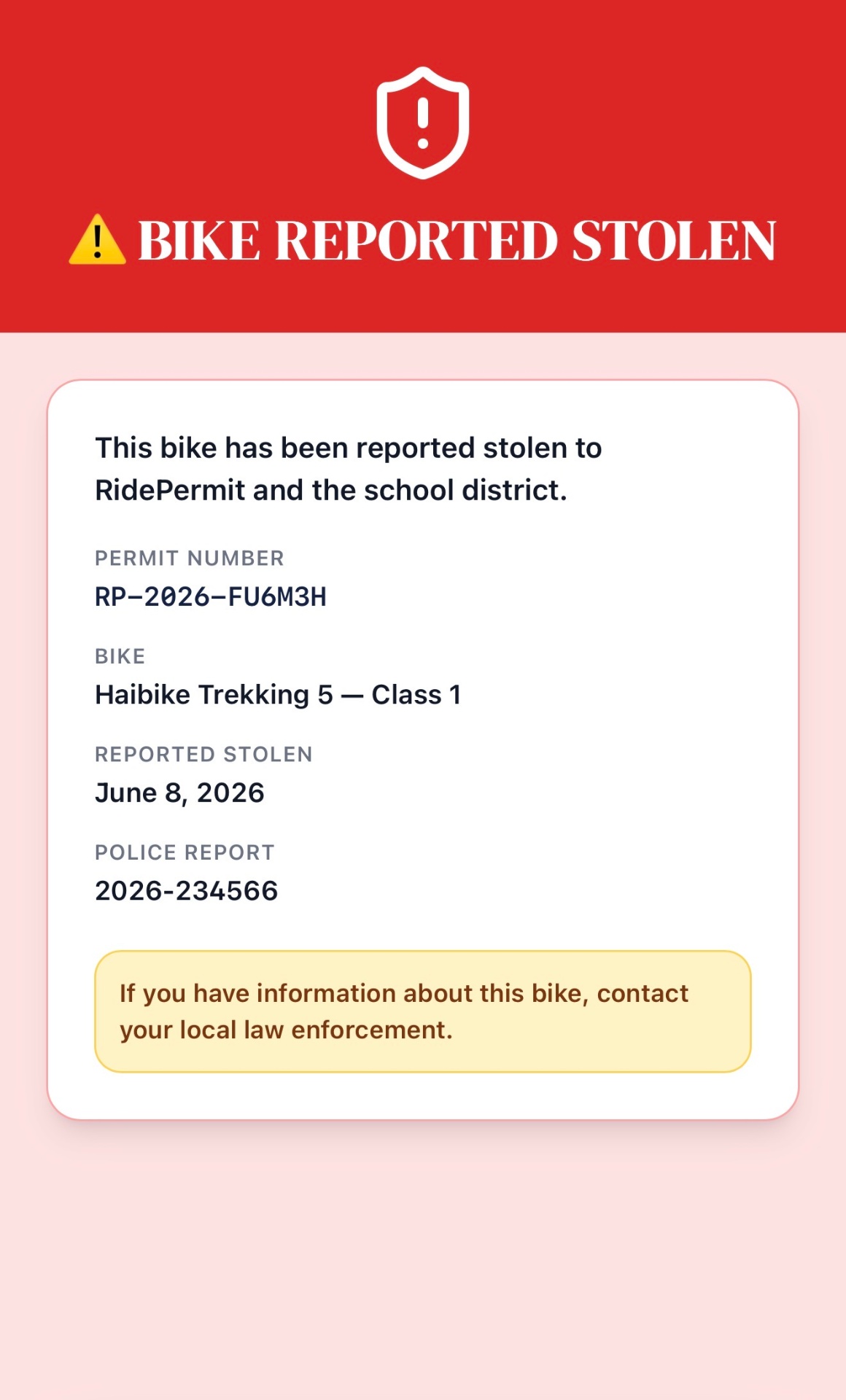 Bike reported stolen verification screen