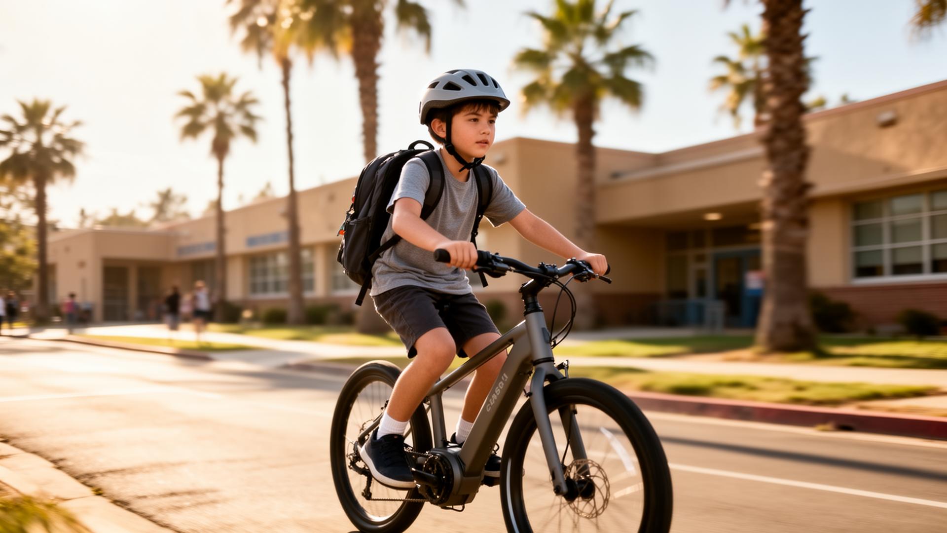A middle-school student wearing a helmet rides a Class 1 e-bike to school on a sunny California street.